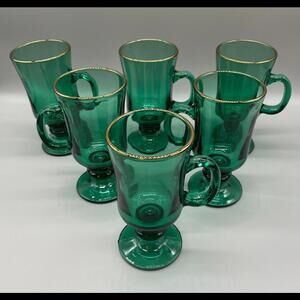 6 Vintage Libbey Juniper Green with Gold Rim Pedestal Cups